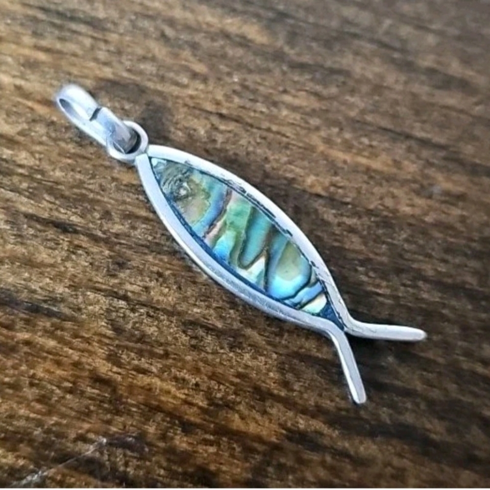 Sterling Silver 925 Plata Abalone Ichthys Jesus Fish Pendant 2" Mexico Charm